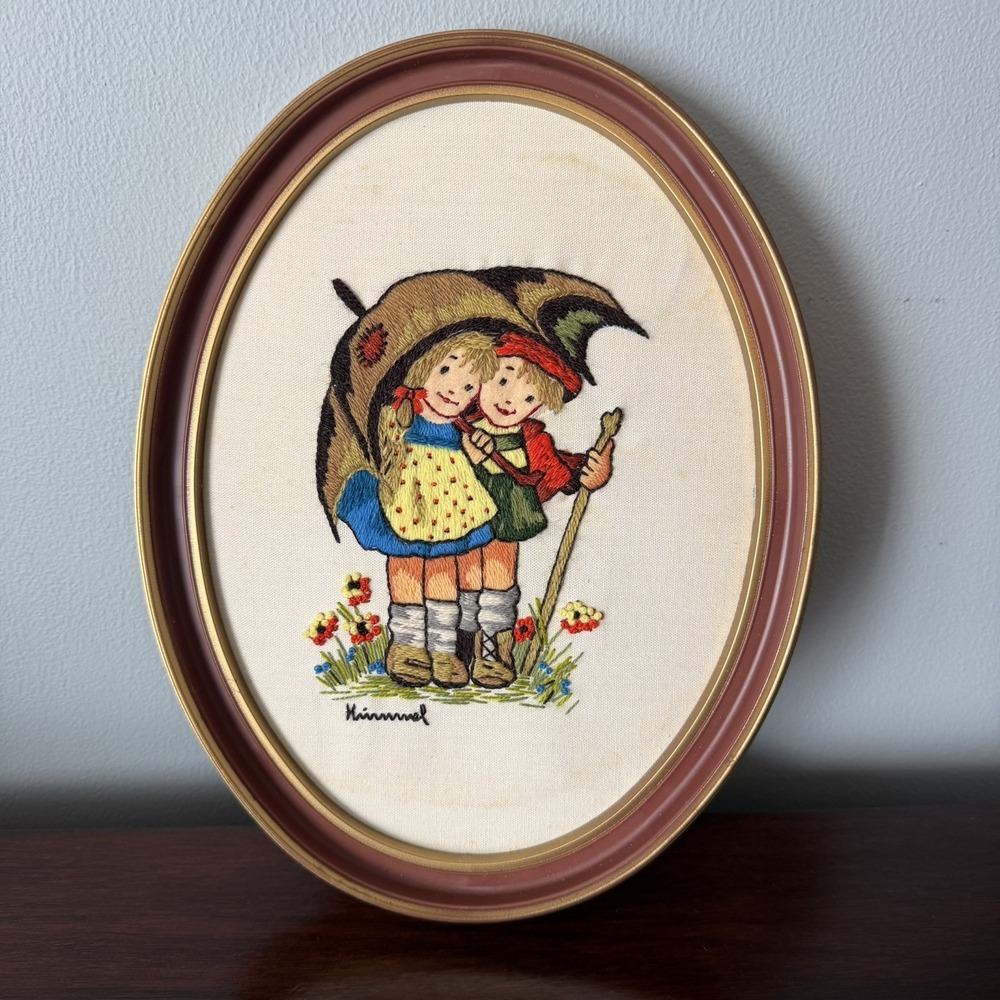 Vintage Hummel Embroidery in Frame Authentic Handmade Wall Decor Child Umbrella